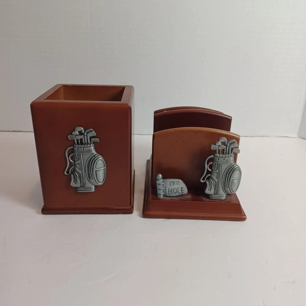 Vtg Desktop‎ Wood and Pewter Mail Organizer And Pen Holder Golf Theme Gift Set